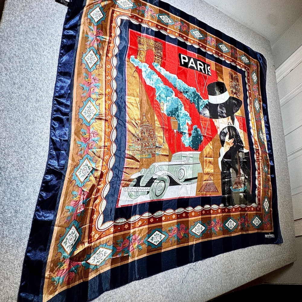 J Mico Sancho Burnout‎ Art Deco Scarf Paris Landmarks Navy Blue Red Retro Chic